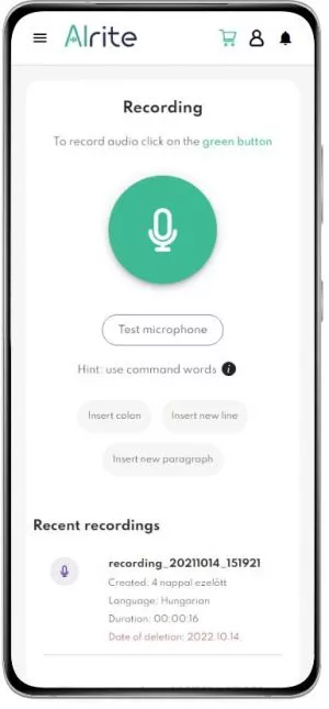 Alrite speech to text app 'recording' screen