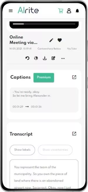 Alrite speech to text app 'captions' screen
